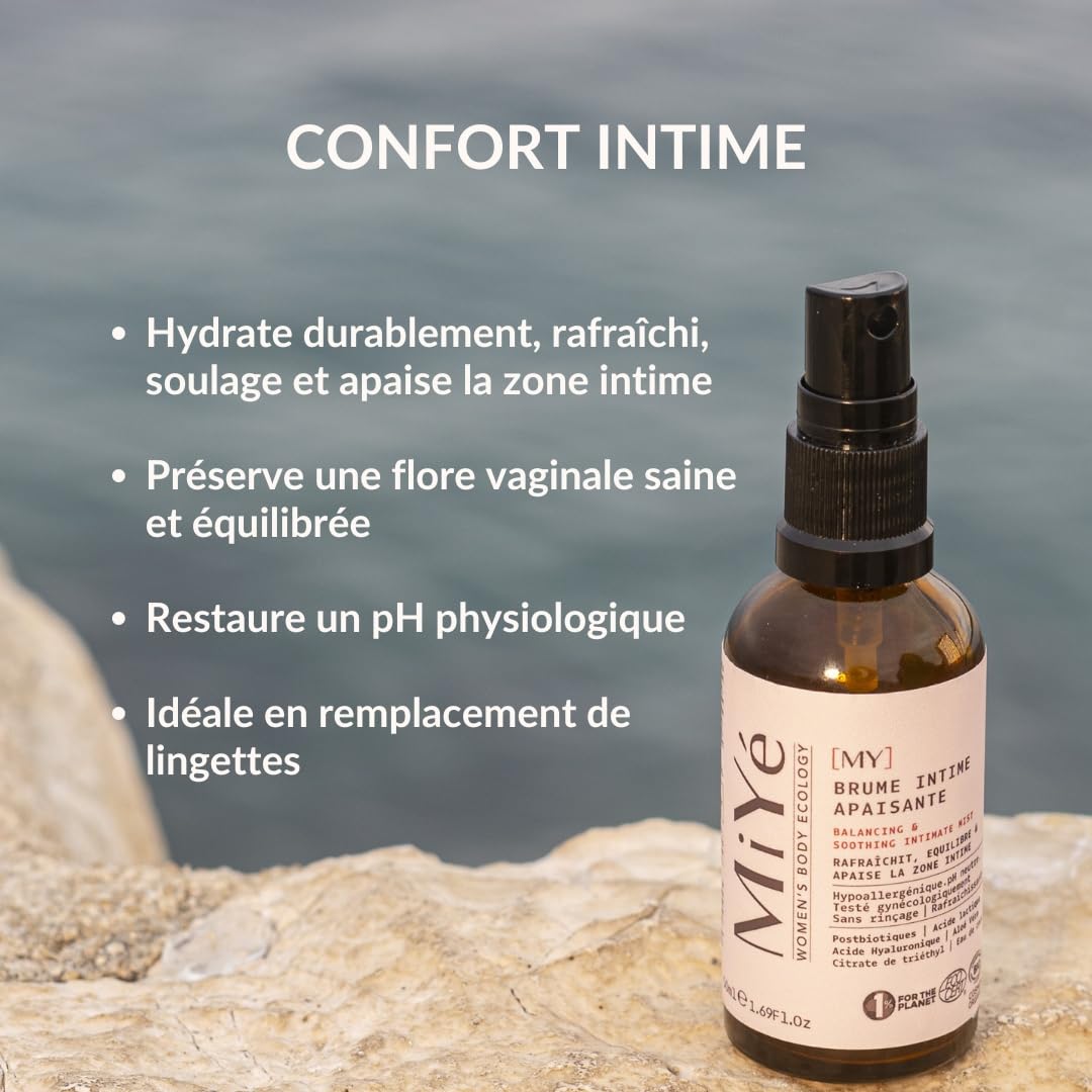 Brume intime apaisante BIO | Probiotique flore intime, acide hyaluronique & acide lactique | Hydrate rééquilibre & anti odeur | 30 ml, MiYé