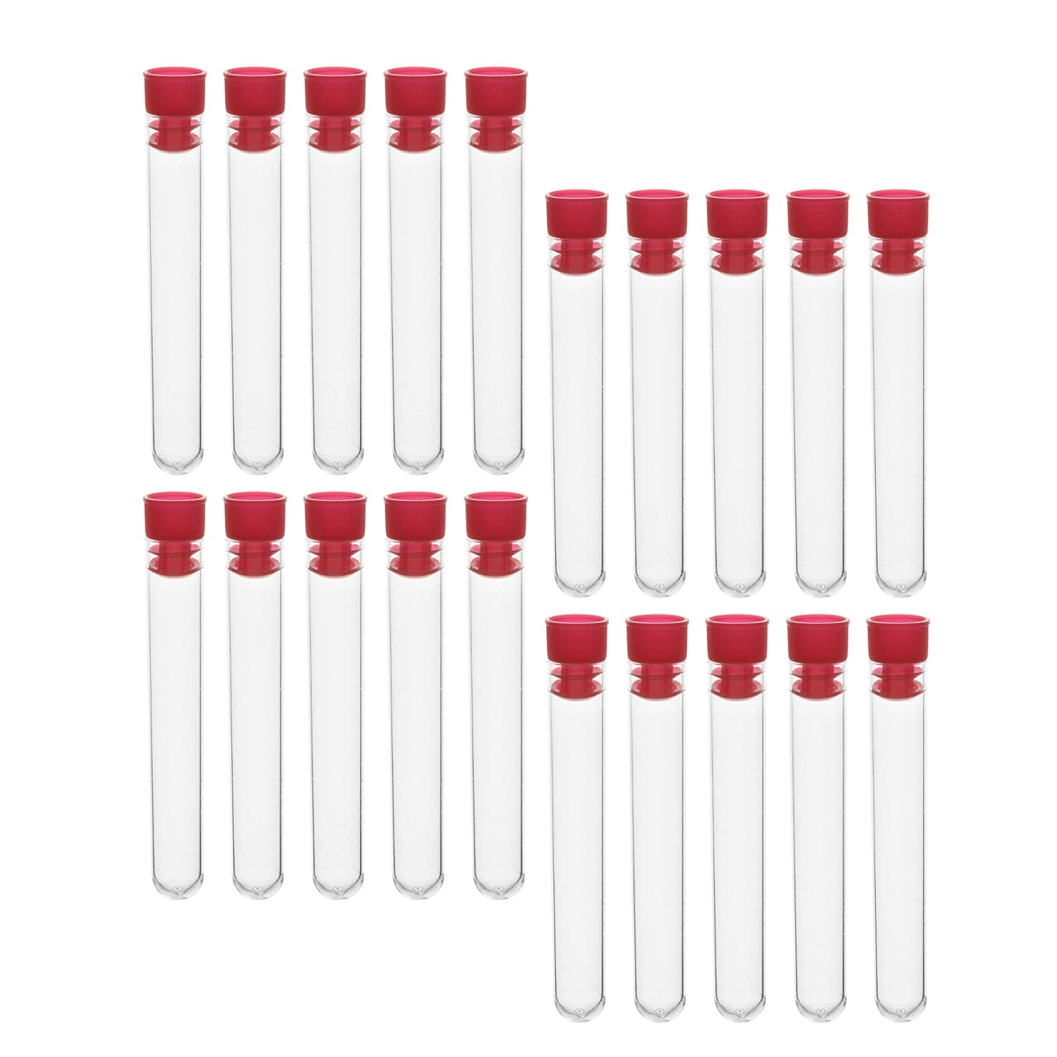 200Pcs Test Lab Tubes, Bettomshin 16x100mm/0.63x3.94" Transparent Plastic Test Tube, Mini Storage Container Tube with Red Pipe Cap Propagation Tubes for Plant Propagation Scientific Testing