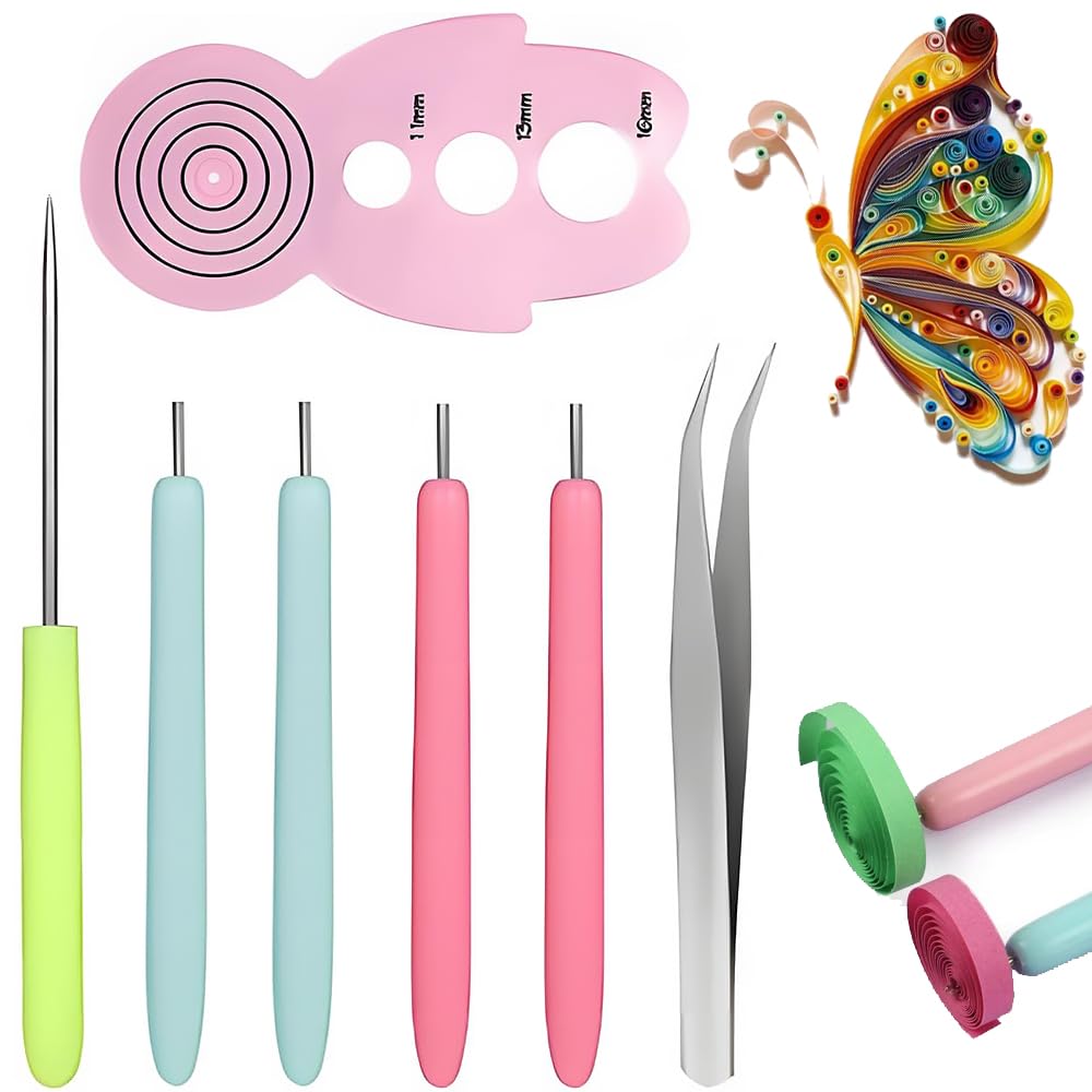ペーパークイリング クイリングツール 7本セット 紙巻きツール クイリングスロット かわいい人型紙巻器 簡単に回転 ペーパーアートツール 紙 巻き DIY ペーパークラフト 手芸 造花 工芸品 初心者（キルティングペン4本 + アウル（ランダムカラー）1本 + 人型紙巻器（ピンク）1本 + ピンセット1本）