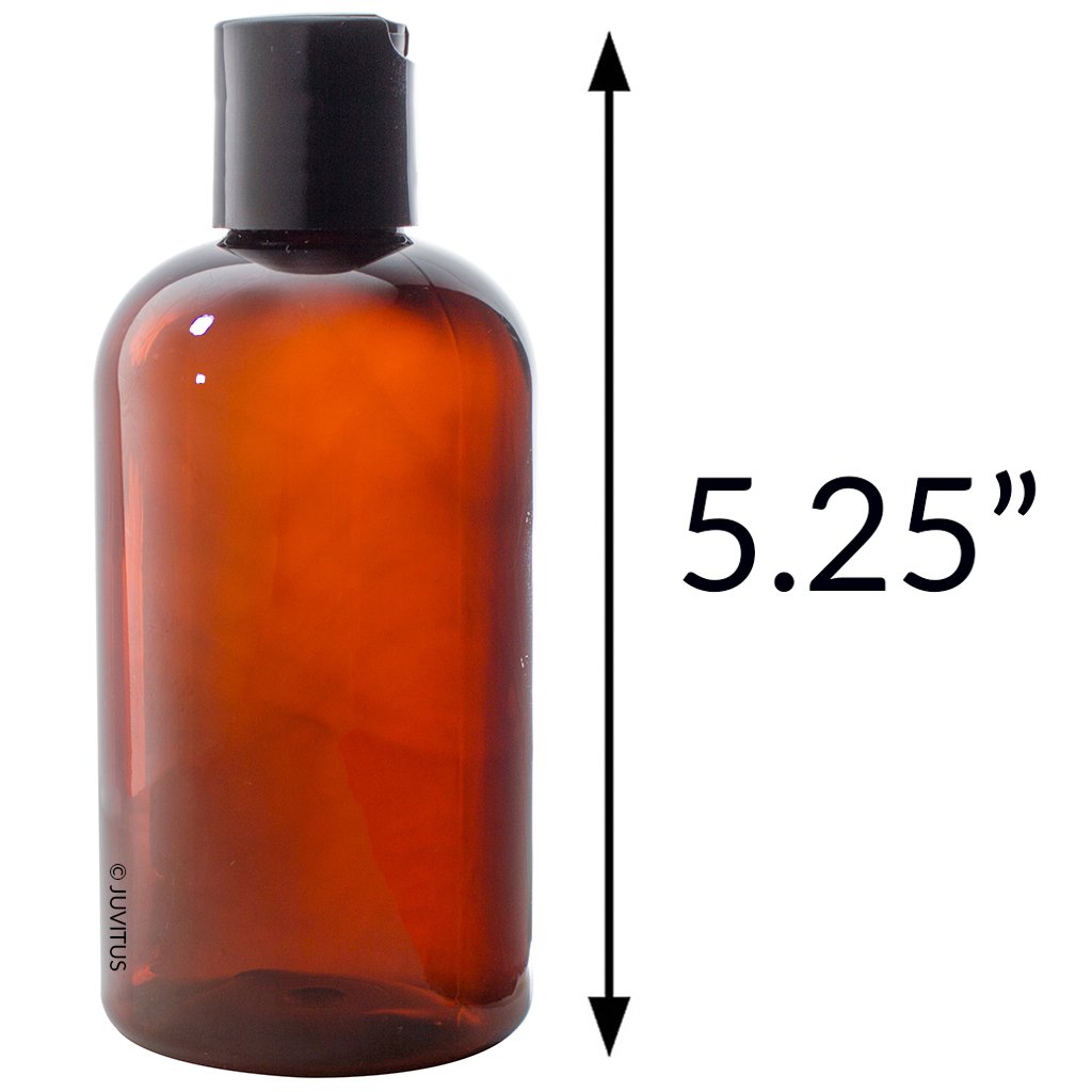 JUVITUS 8 oz Amber Boston Round PET Plastic Bottles (BPA Free) with (12 pack) (Black Disc Cap)