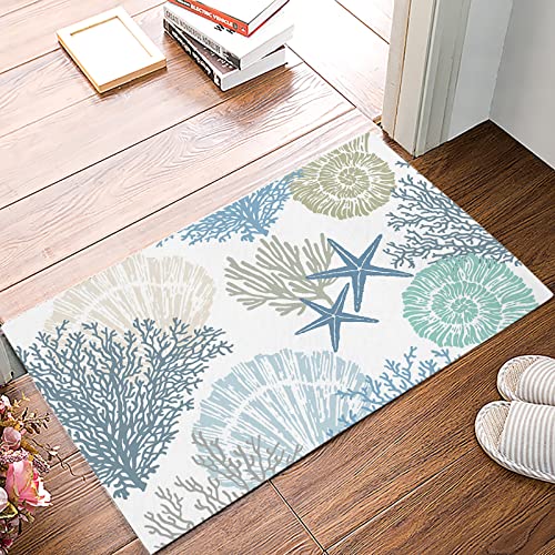 Doormat Indoor Entrance Home Decor Door Mat, Blue Teal Coral Floor Rugs for Kitchen, Bathroom, Summer Beach Starfish Coastal Modern Geometric Funny Welcome Mat for Front Door20 x32