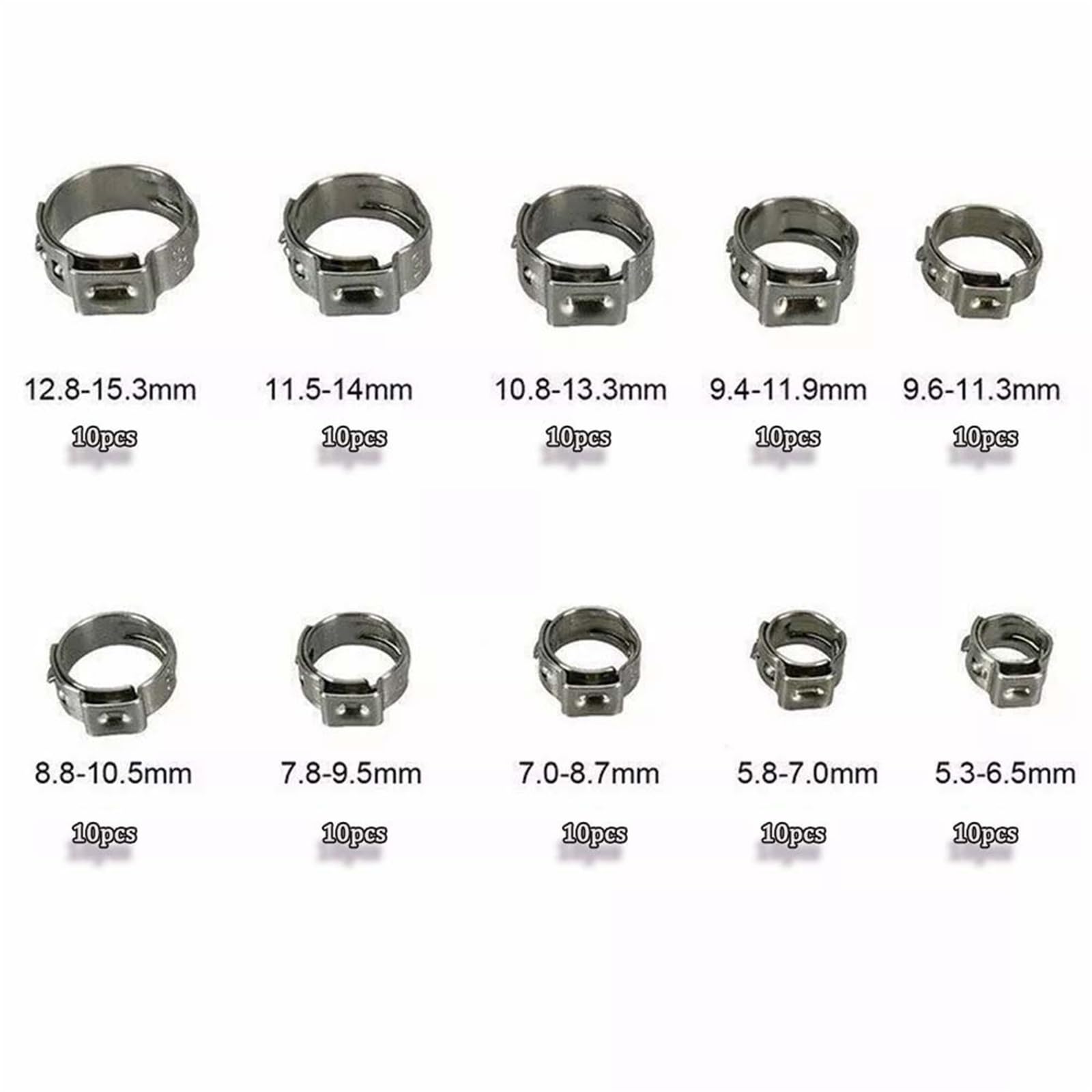 100-teiliges Edelstahl-Einohr-Schlauchschellen-Set (5,3–15,3 mm) for Haushaltsgeräte, Rohre und Kraftstoffleitungen