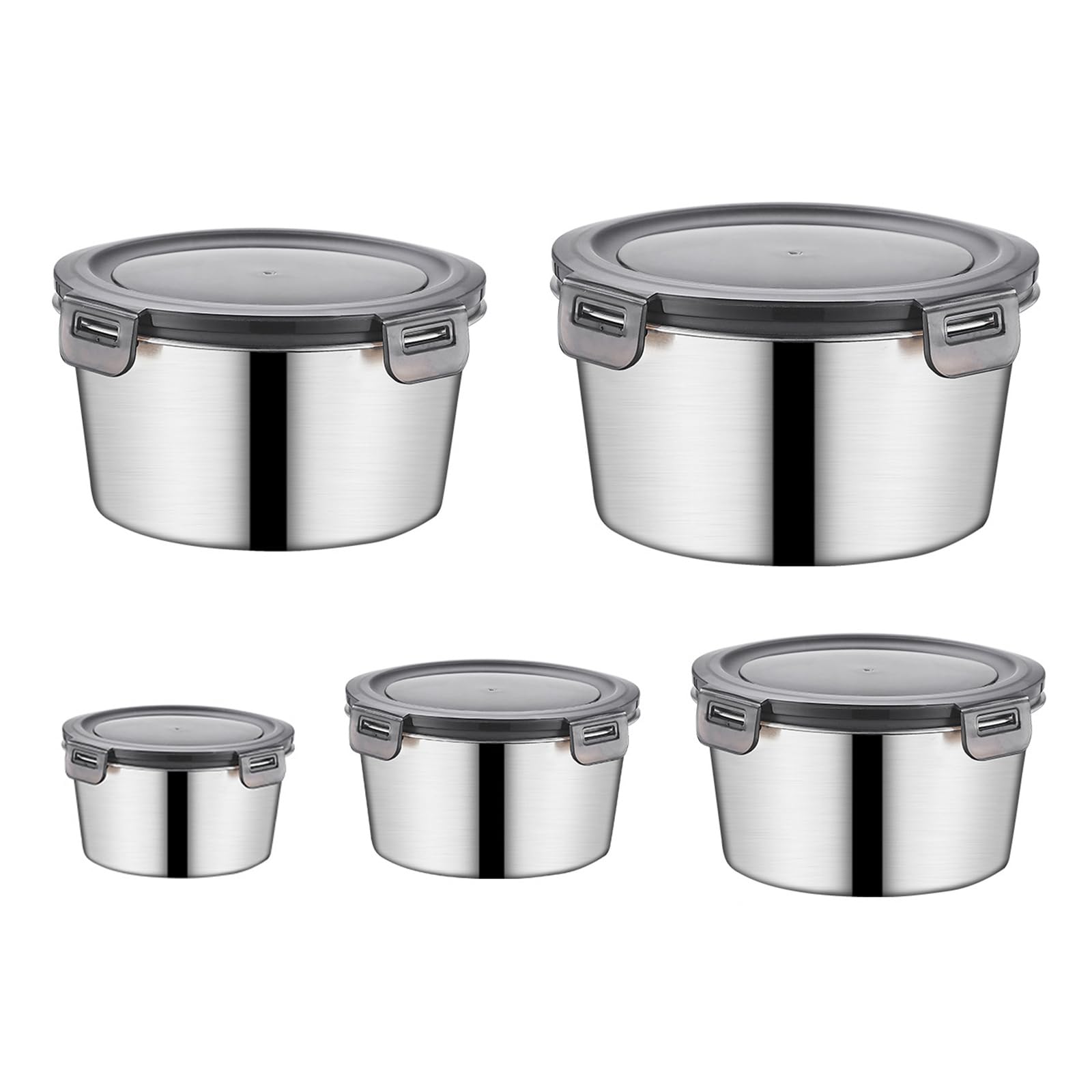 5 Stück Edelstahl-Lebensmittelbehälter, tragbare Lunchbox mit Deckel, stapelbare runde Aufbewahrungsschalen für Zuhause und draußen, stapelbare Lebensmittelaufbewahrungsschalen