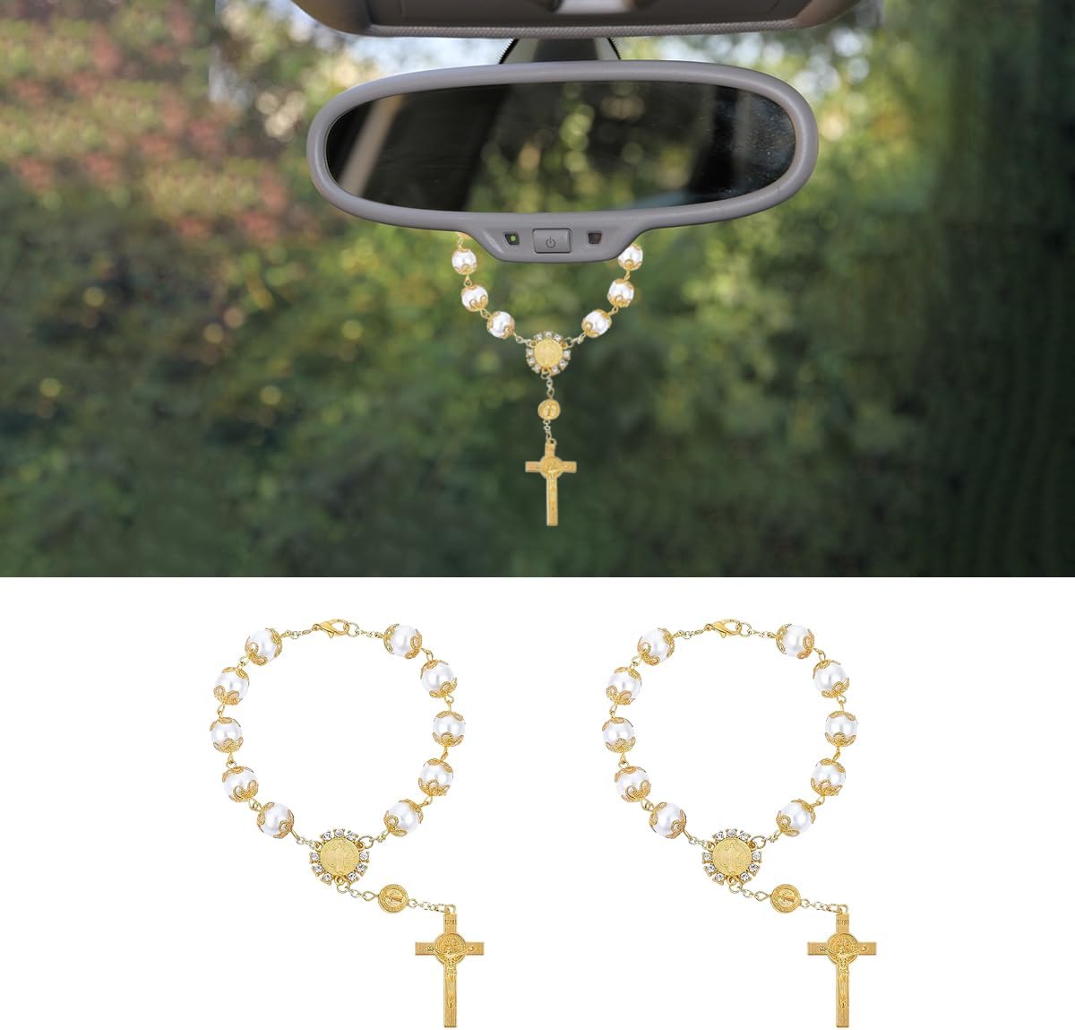 2PCS Car Rosary for Rearview Mirror With Cross Blessing Pendant, Personalized Hanging Accessories Interior Decors for Women Men