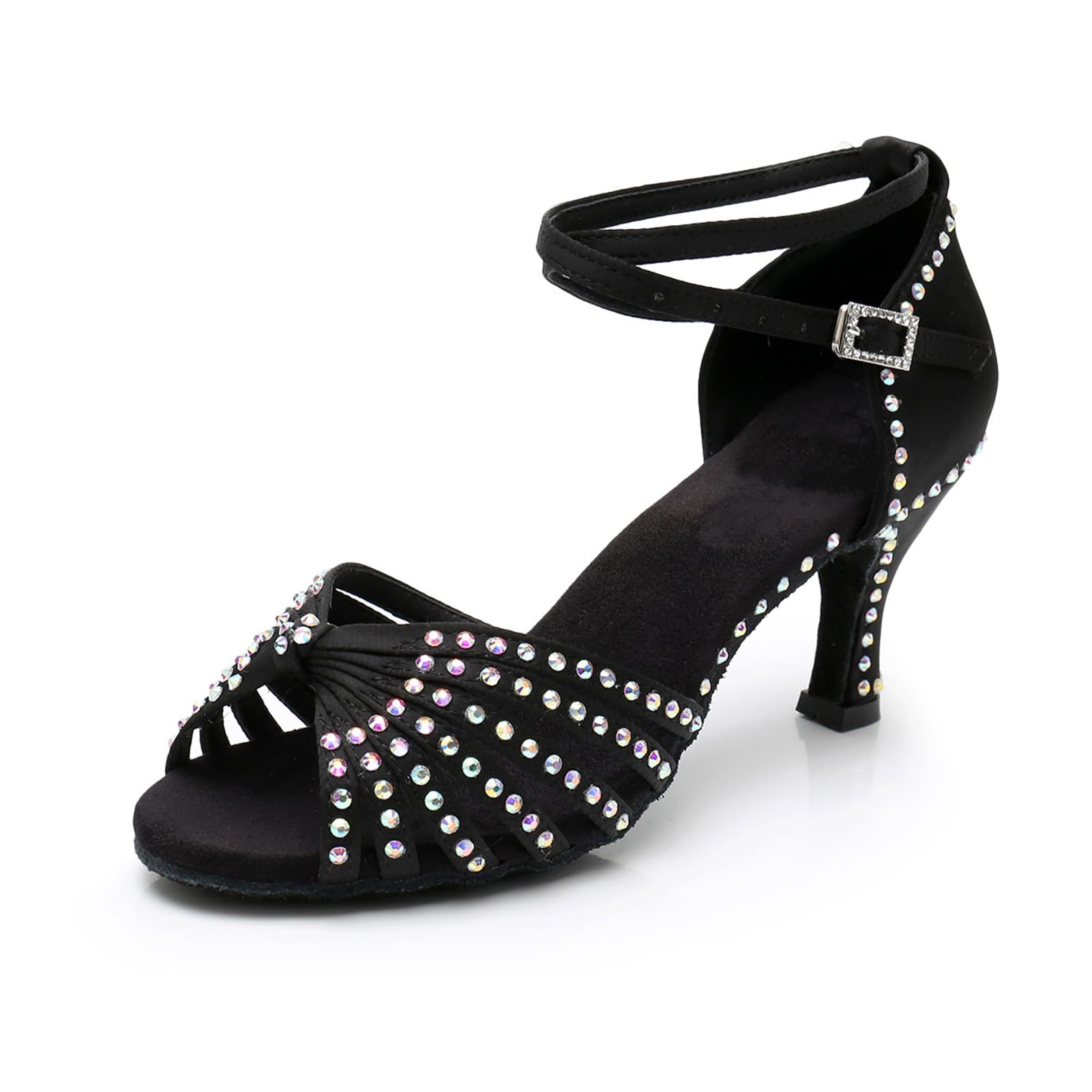 Nowe buty do tańca latynoskiego z diamentową wkładką dla kobiet dorosłych na środkowym obcasie miękka podeszwa buty do tańca wysokie obcasy z diamentowymi butami do tańca Cha-cha, A436 Czarny obcas 7