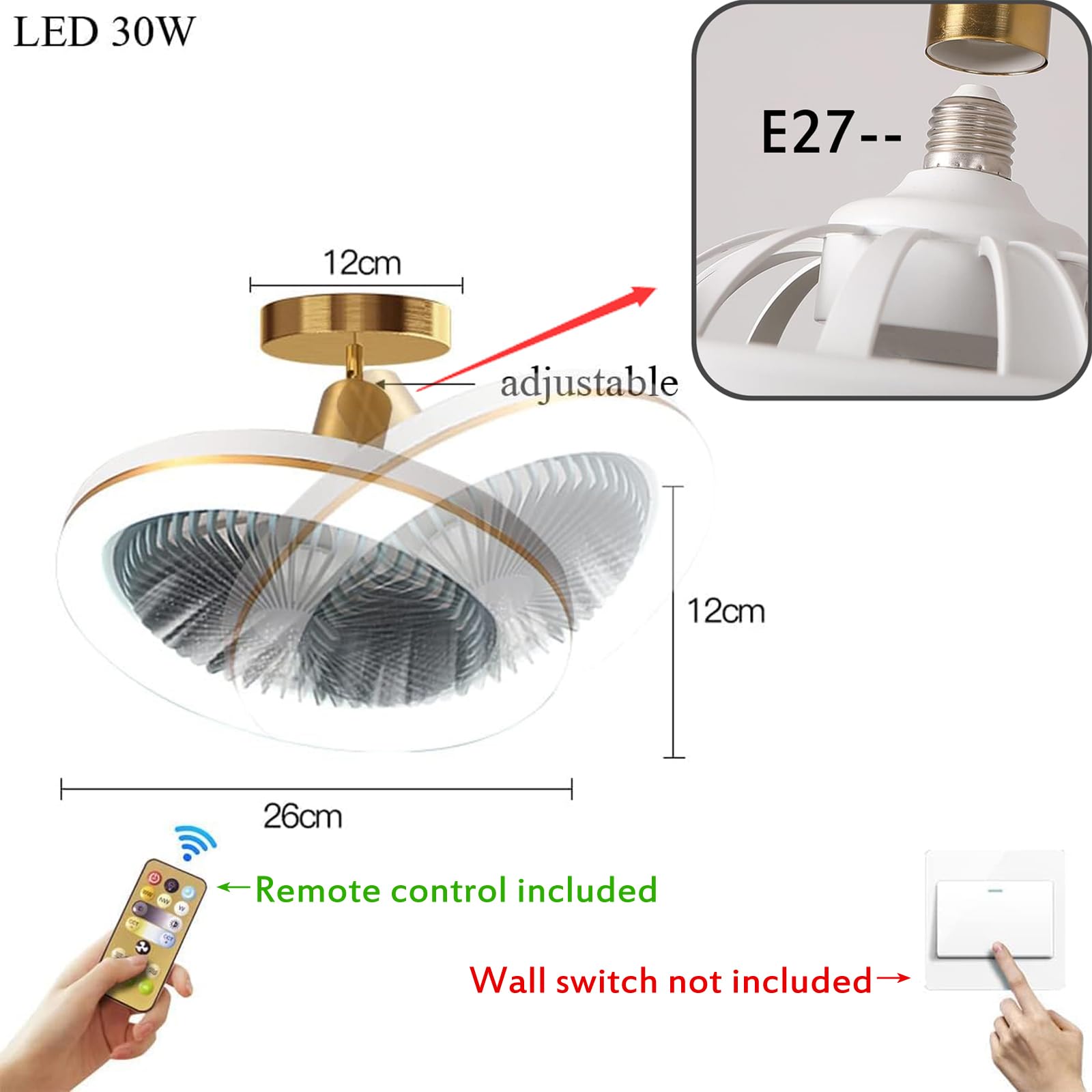 Ventilatore da Soffitto con Luce e Telecomando, E27 Plafoniera LED con Ventilatore da Soffitto Silenzioso,30W Dimmerabile 3000K/4000K/6000K, per Cucina Camera da Letto Bagno, Tempismo