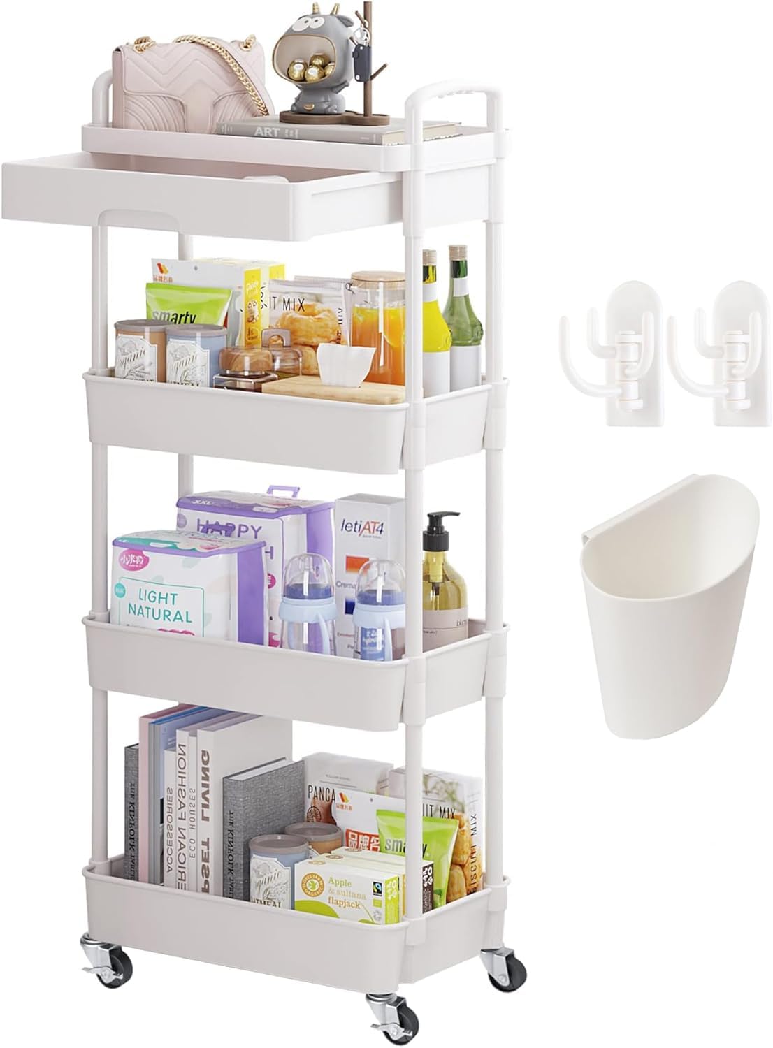 3/4 Niveles Carrito Auxiliar con Ruedas Carro Almacenaje con Ruedas e Cajones Verdulero Auxiliar Carrito Organizador para Cocina Baño