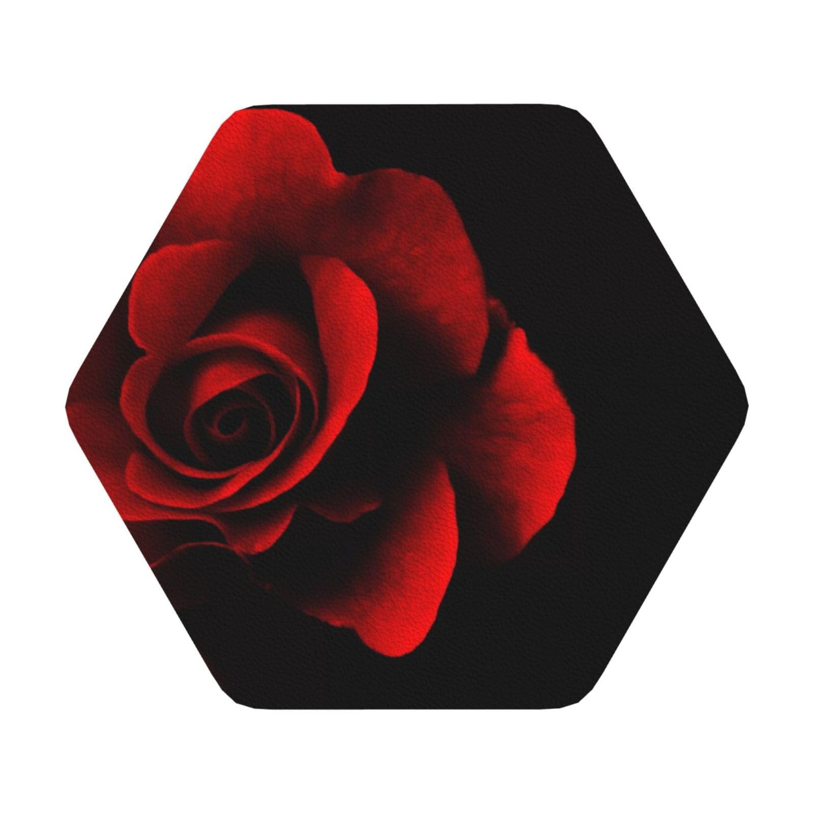 Red Rose PU Leather Coasters Set of 6 Hexagon Drink Coasters