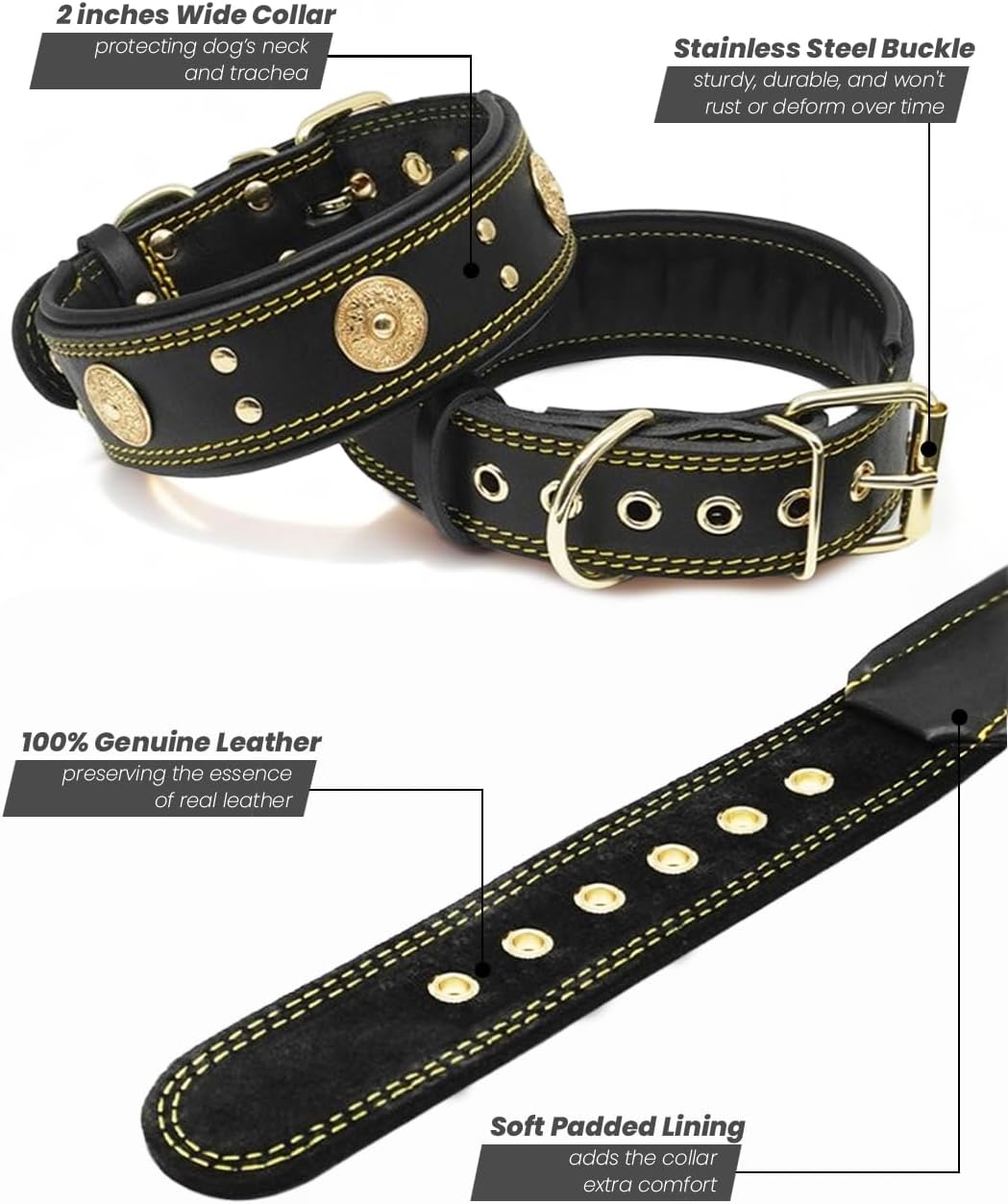 Leather Dog Collar, 2 inches Wide Heavy Duty Genuine Leather Collars, Handmade, Soft, and Luxury, Eye-catching Best Choice for Large and Medium Breed Dogs, Black-Gold 21-25 inches