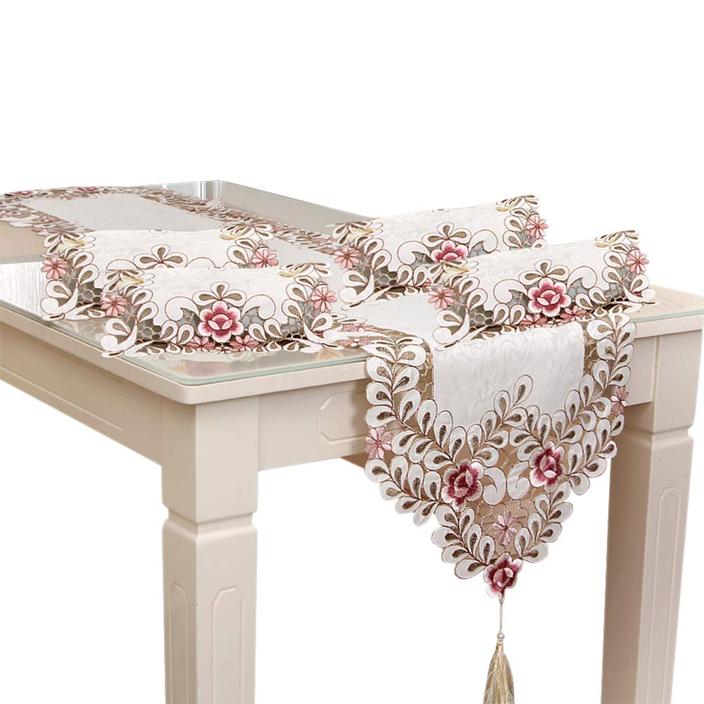 Rosa Runner Tavolo E Tovagliette Ricamate 4 Pezzi – Set Vintage Con Runner 40x176cm E Tovagliette 30x45cm Per Matrimoni E Feste