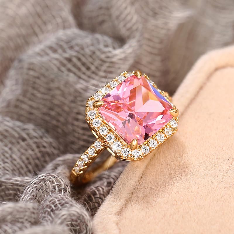 Dainty Gold Ring for Women with a Single Coloured Stone, Cute Single Stone Rings for Women, Pink Square Ring for Women Promise Rings CZ Rings, Simple Gold Rings for Women 64