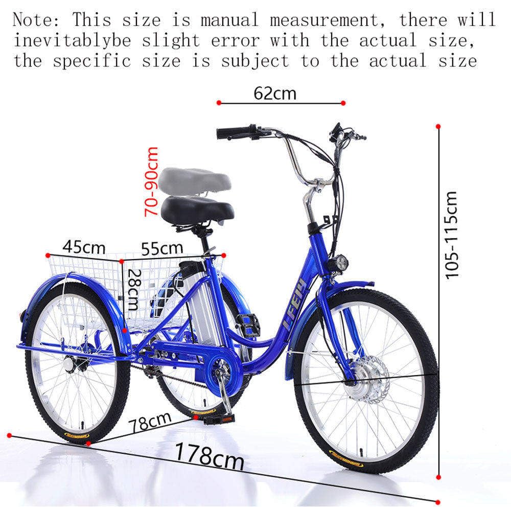 Tricycle électrique pour Adultes, Vélo à 3 Roues 24 Pouces, Grand Panier + écran LCD, Capacité De Charge 150 Kg, pour Les Achats Et Les Voyages des Personnes âgées Blue