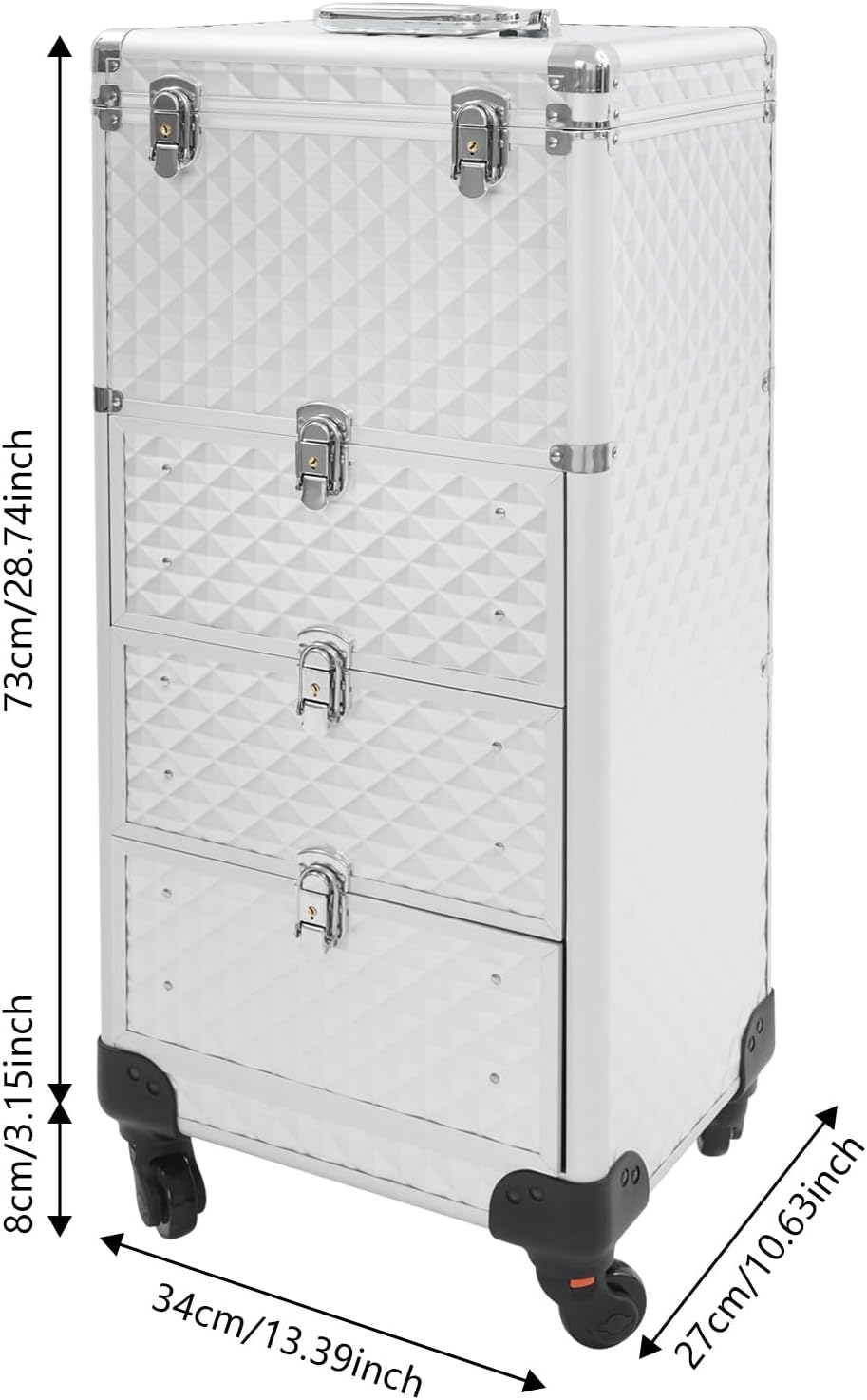 4 Tier Rolling Lockable Makeup Train Case, Cosmetology Case on Wheels, Luggage Travel Organizer Tool Box for Makeup Tattooist Nail Tech Hairstylists（Silver）