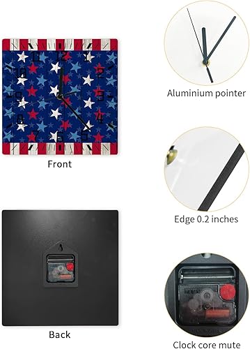 Miniatura 2 de 4th of July Wooden Wall Clock Silent Non Ticking, Rustic Independence Day Star on Wood Patriotic Square Wall Clock Battery Operated, Decor Clock for