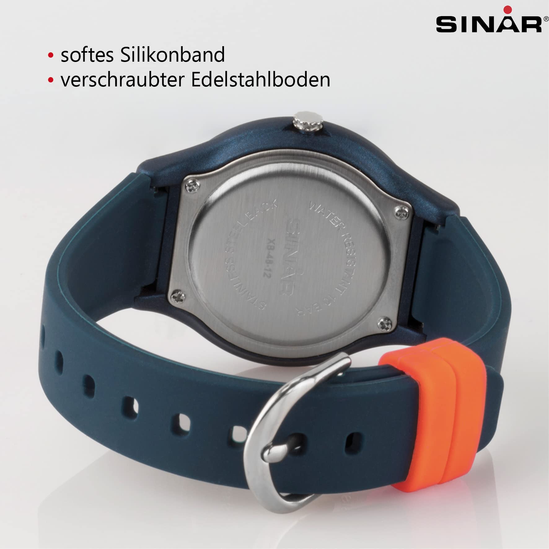 SINAR XB-48-12 Reloj de pulsera para niños analógico cuarzo 10 bar resistente al agua correa de silicona azul oscuro naranja
