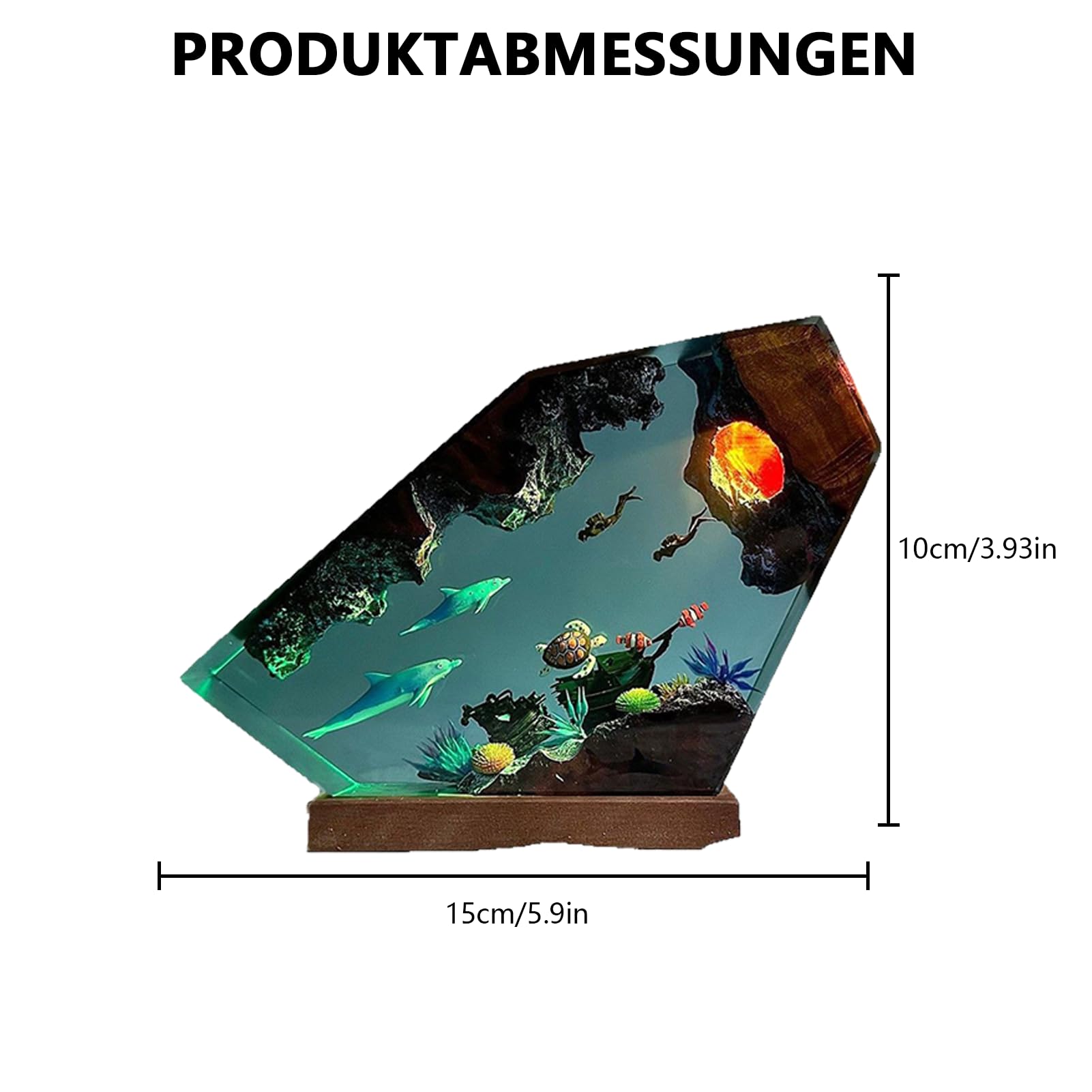 3D Harz Ozean Tier Figuren Nachtlicht,Epoxidharz Ozeanfigur Ornamente mit Holzsockel,Marine Statue Dekoration,LED Ozean Nachtlichter Unterwasser Szene Taucher Hai Wale Schildkröte (Warmes Licht)