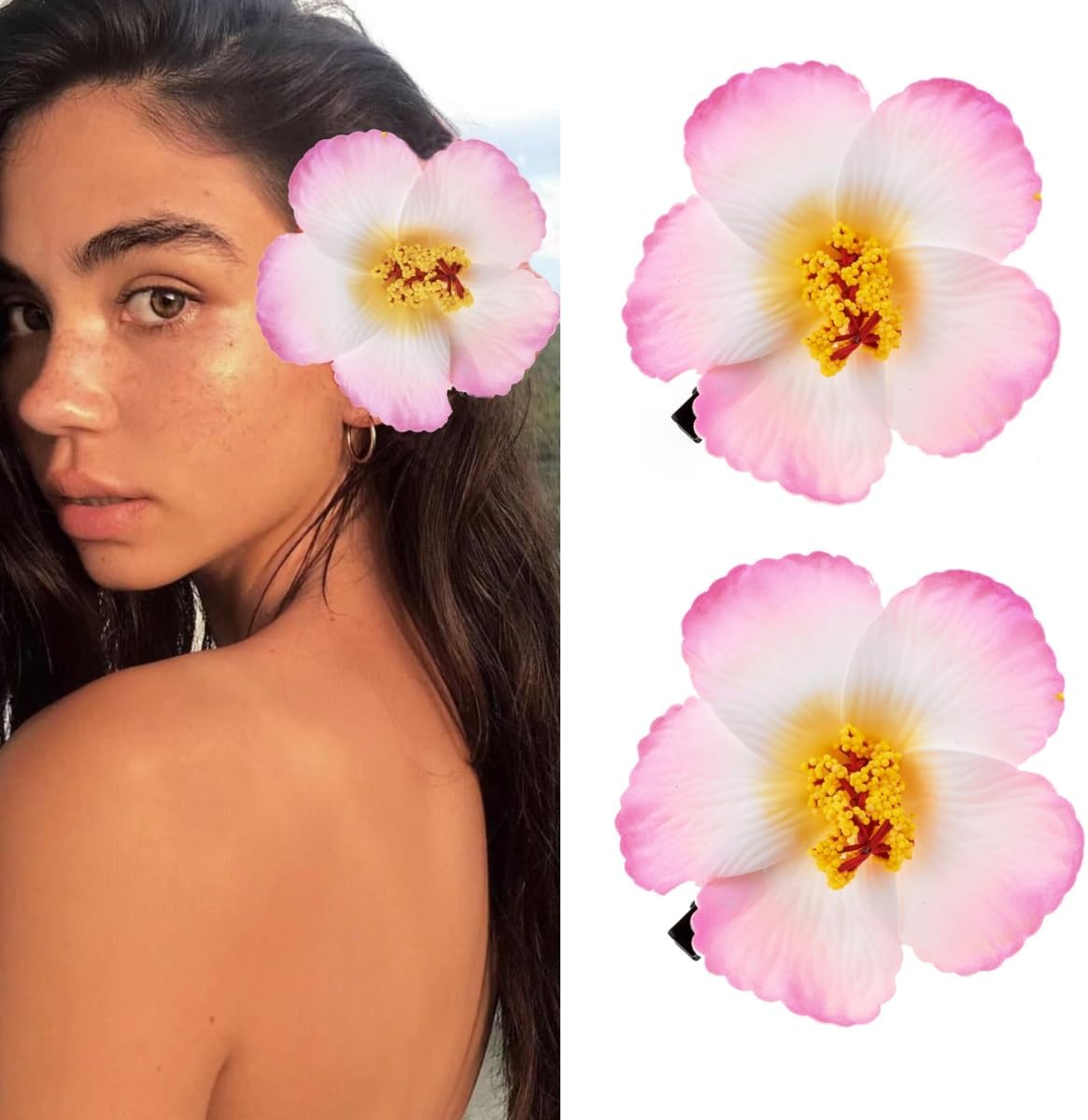 2pc Hawaiian Plumeria Hair Clips Galsang Flower Barrettes for Beach Party(Pink)
