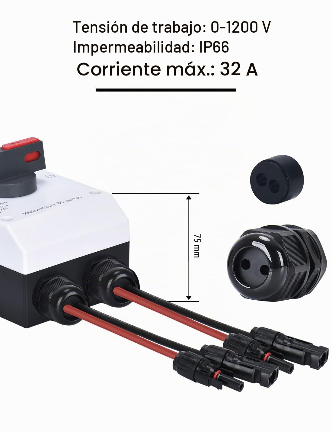 DIHOOL Interruptor de separación CC 2 cuerdas, sistema PV con caja de conexión generador, máquina de fusibles automática 32 A, IP66, interruptor solar, caja de conexiones