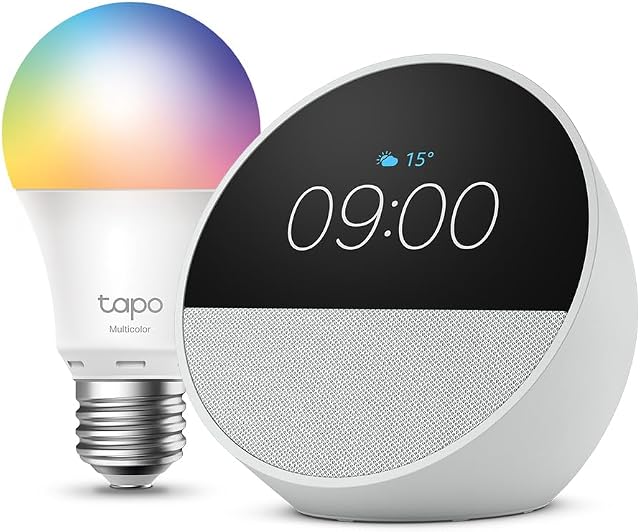 Echo Spot Blanco + Bombilla LED Inteligente Tapo L530EA E27
