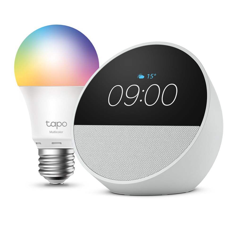Echo Spot | Blanco + Tapo L530EA Bombilla LED Inteligente (E27), Compatible con Alexa - Kit de inicio de Hogar digital