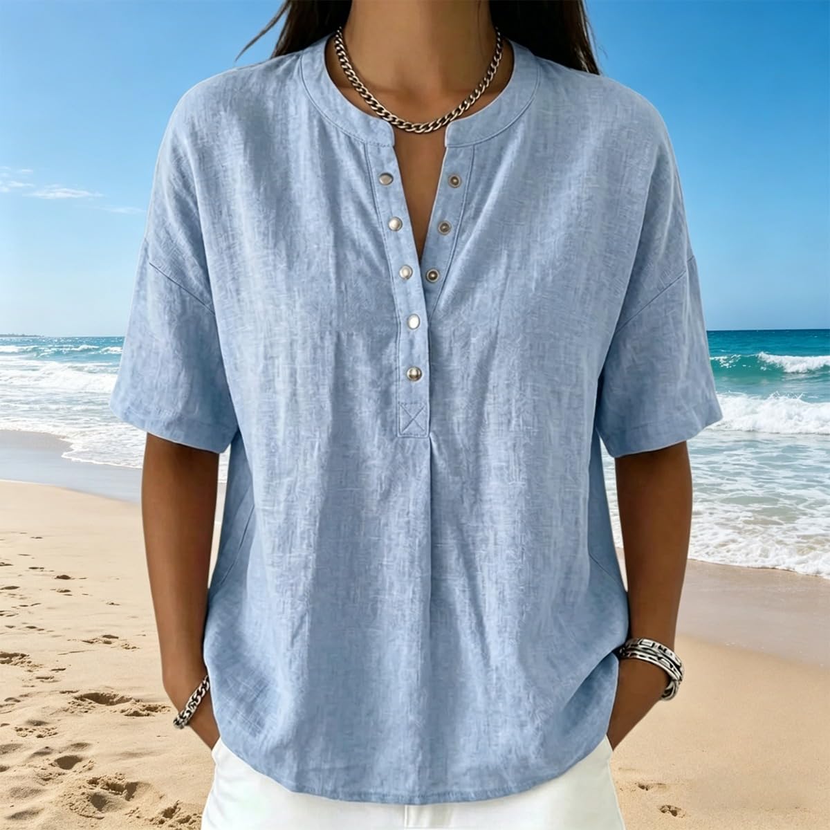 Women’s Casual Henley Collar Linen and Cotton Short-Sleeve Shirt Perfect For Laid-Back Days, Combines Comfort and Style