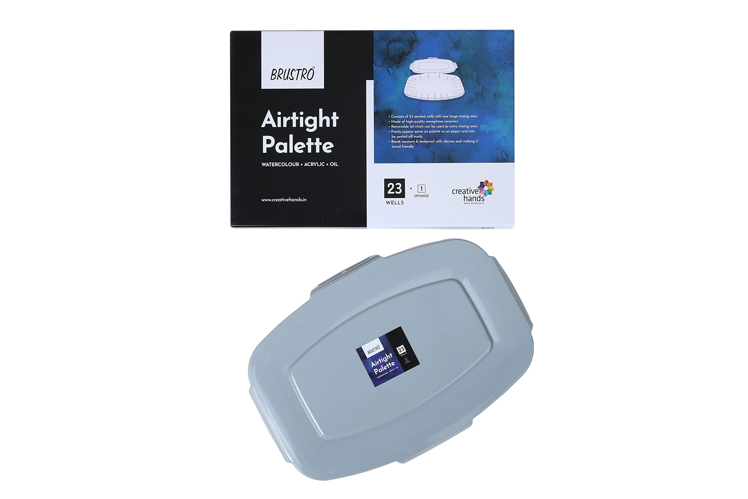 BRUSTRO Artists’ AIRTIGHT Peel-Off Palette 23 Wells with Separable Lid for Oil, Acrylics, Watercolour and Gouache Made of Nanophase Ceramic (Sponge Included)