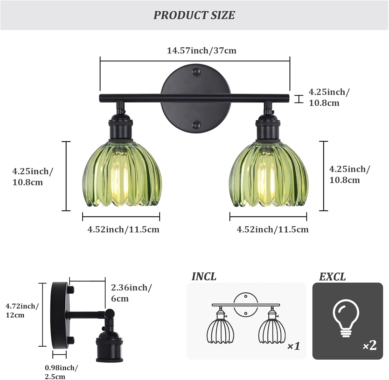 Bathroom Light Fixtures, 2-Light Black Vanity wall Light Over Mirror with Green Tulip Glass Shade for Bedroom Living Room (Bulb Not Included)
