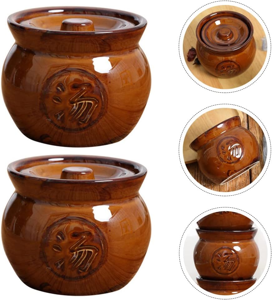 Cabilock Ceramic Stew Pot with Lid 2 pack Mini Stock Pot for Soup Stewing Cooking Heat-Resistant Glazed Bowl for Home Kitchen Restaurant Retro Pattern