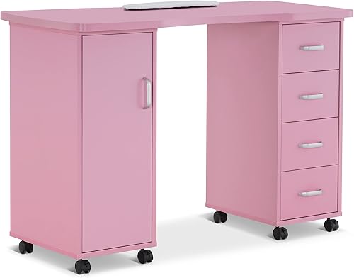 Miniatura 10 de BarberPub Mesa de manicura, escritorio de uñas resistente a la acetona, mesa de uñas con 4 cajones, 2 gabinetes, ruedas bloqueables, almohadilla de