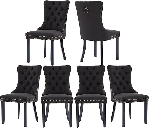 Miniatura 32 de Juego de 6 sillas de comedor marrones, sillas de comedor tapizadas con tela de lino acolchada con capitoné, con respaldo alto, ribete de tachuelas y