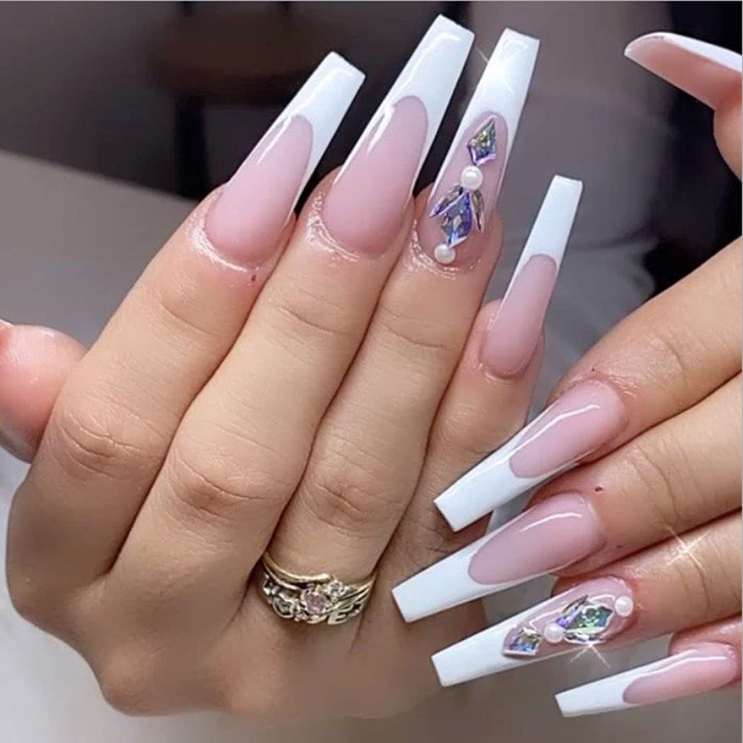 Aksod Extra Long Crystal Press on Nails Pink Glossy Coffin Fake Nails Shimmer French Ballerina Full Cover Acrylic False Nails Tips for Women and Girls 24Pcs (F)