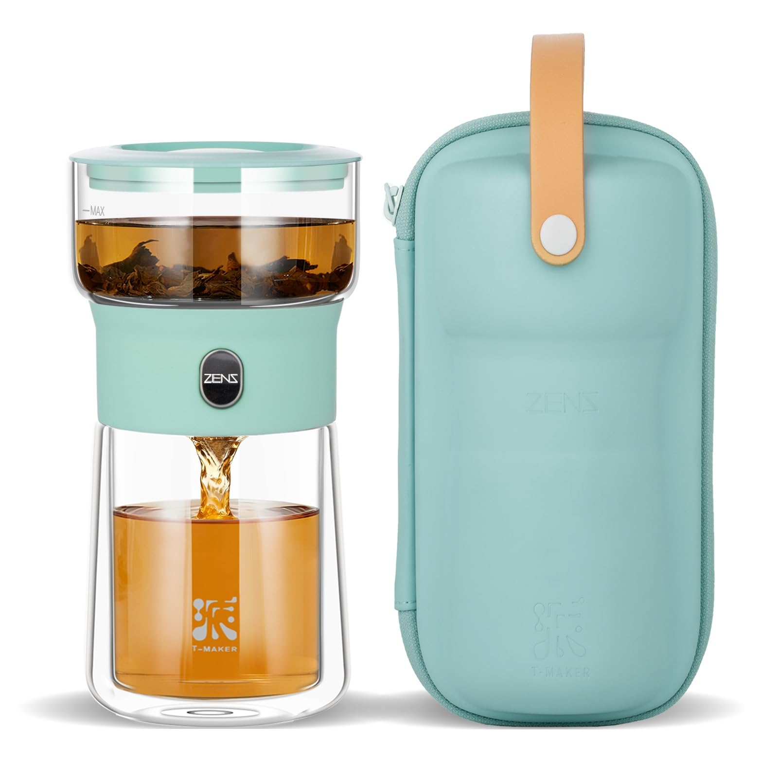 ZENS Modern Glass Infuser Teapot, Small One Touch Tea Pot Infusers for Loose Tea Diffusers, Magic Gongfu Tea Pot with 200ml Insulated Cup and Portable Carry Case for Tea Lovers Gifts