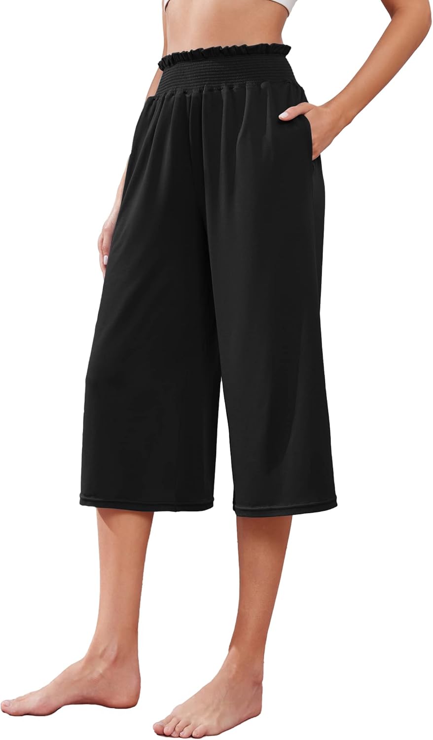 iChunhua Wide Leg Capri Yoga Pants for Women Loose Summer Ruffles High Rise Cropped Bottom with Pockets