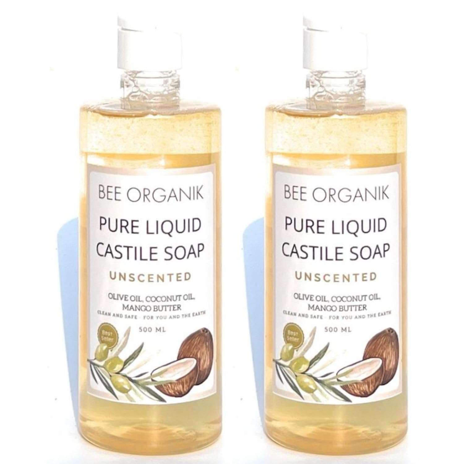 Liquid Castile Soap – (Pack of 2) (Unscented) 500ml x 2 | Gentle Face & Body Wash for Sensitive Skin | Organic Olive, Coconut & Castor Oils | No Fragrance, SLS-Free, Baby-Safe, Vegan