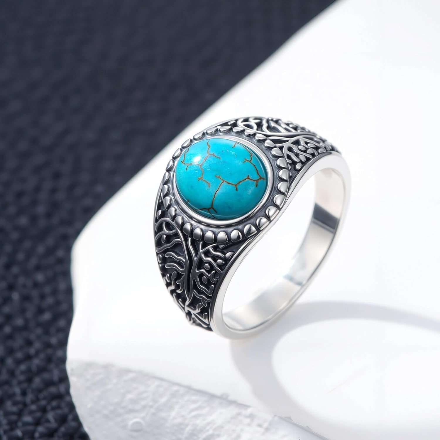 11x8mm Genuine Turquoise Tree of life Rings, Sterling Silver Native American Gem Thumb Ring for Dad Father Jewelry Gift for him,Anillos De Hombre, Men's Ring for Gift for Men - Image 3