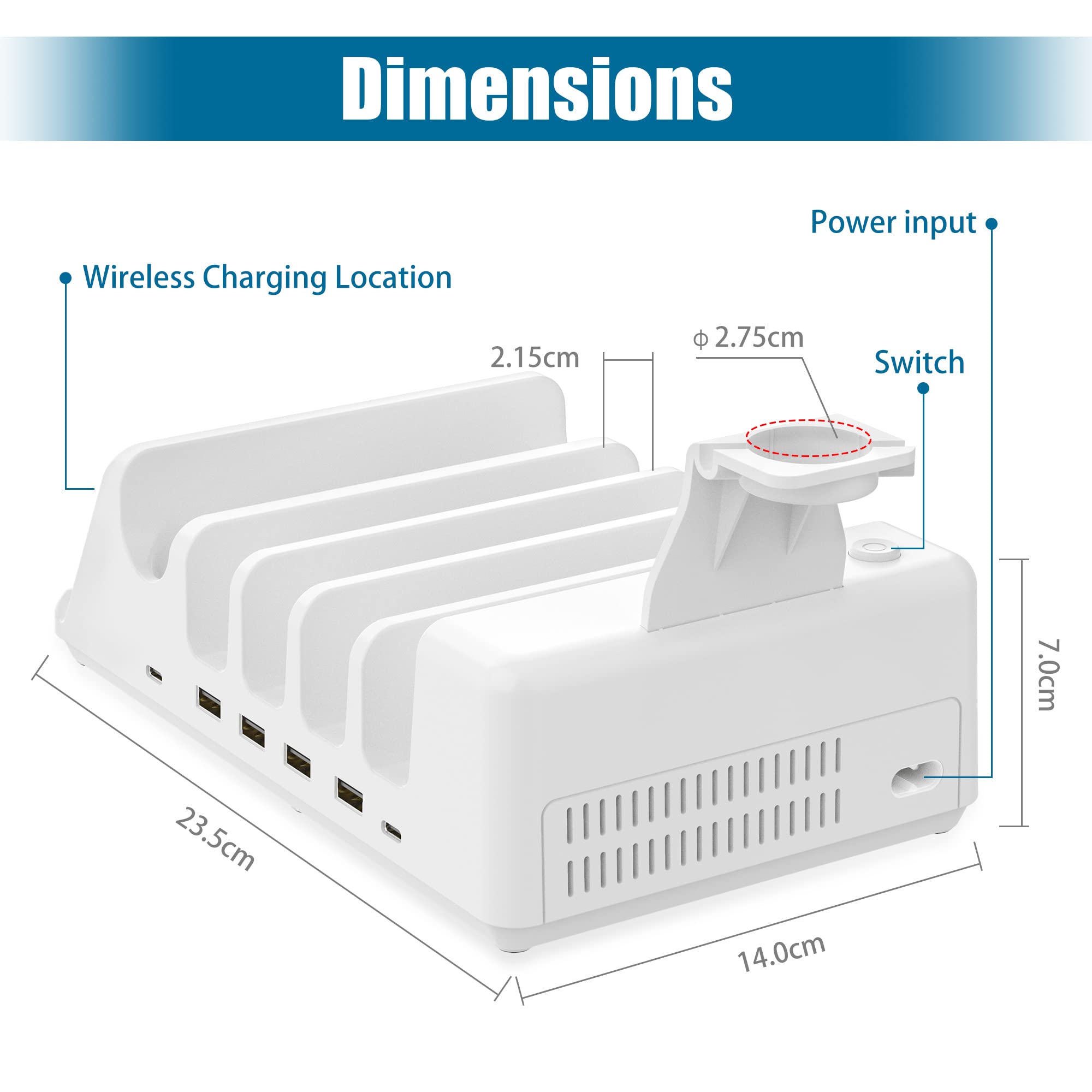 AGVEE Estación de carga multiUSB 7 en 1 de 140 W con múltiples cables, 3 bases de carga inalámbricas para iPad, teléfono, teléfono celular, tableta Android, múltiples dispositivos, color blanco