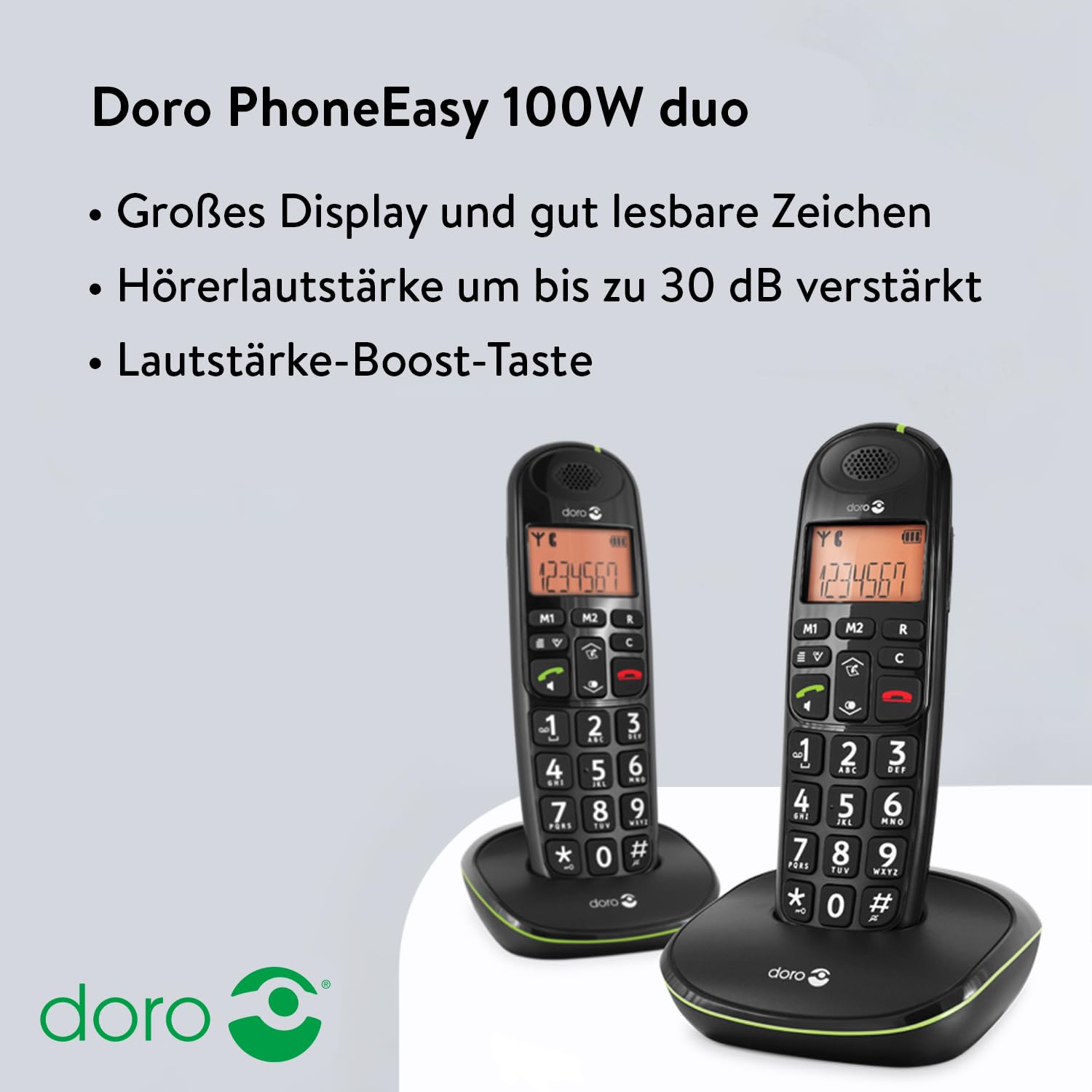 DORO - Doro PhoneEasy 100w - Schnurloses Festnetztelefon - Große Displayanzeige - Extra große Tasten - Freisprechfunktion - Lauter Klingelton - Lautstärkeregler - Schwarz