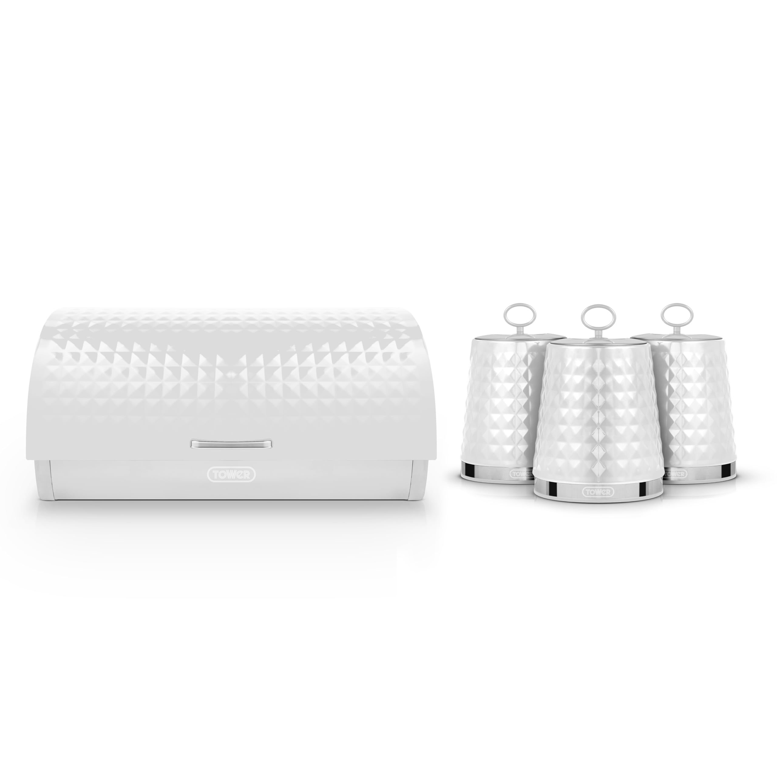 Tower Solitaire Eejb284 White Bread Bin With 3 Piece Canister Set