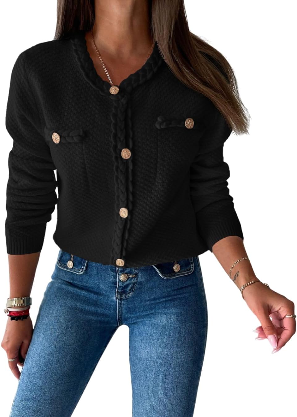 Saodimallsu Womens Button Up Cardigan Long Sleeve Open Front Cable Knit Fall Trendy Sweater Jacket with Pockets