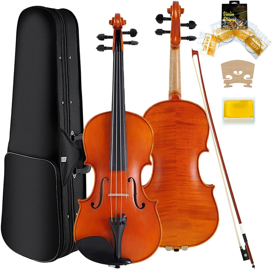 Violin Set Full Size for Beginner Student Fiddle Starter Kit for Kids Adults with Brazilwood Bow, Violin Sticker, Bridge, Rosin and Lightweight Case (Solid Wood 4/4-Matte)