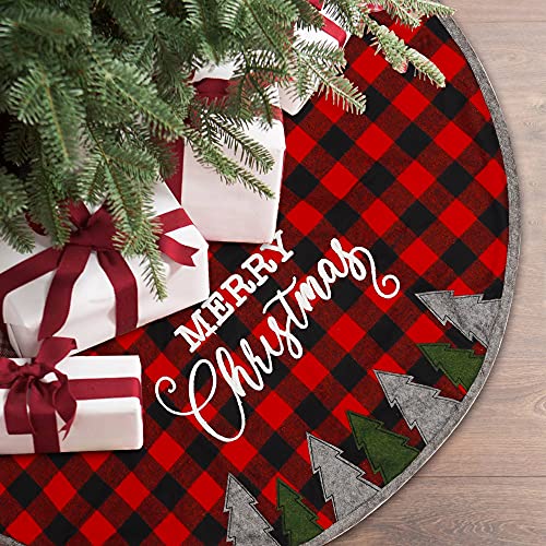 Juegoal 32 Inch Christmas Tree Skirt, Soft Red and Black Plaid Christmas Tree Mat for Xmas Party Decoration, Merry Christmas Base Cover for Christmas Tree Holiday Decor - Image 7