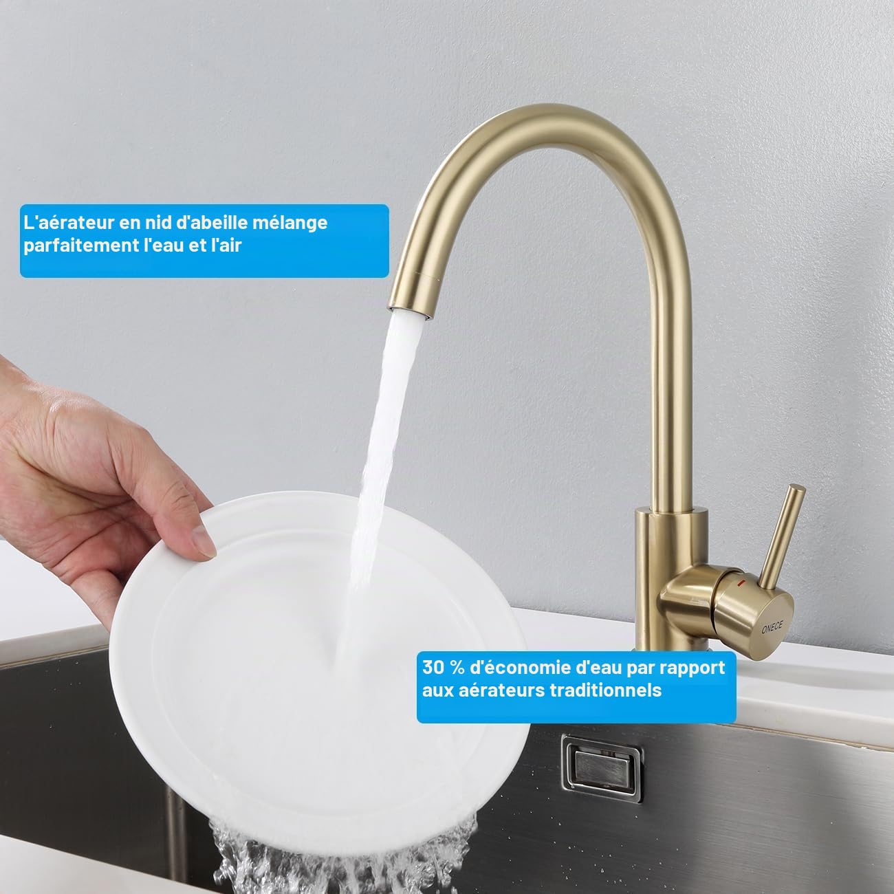 ONECE Robinet Cuisine Rotatif à 360°, Mitigeur Aérateur Démontable, Doré | Mitigeur Évier Monocommande, Chaude et Froide Réglable, Robinetterie Anti-calcaire