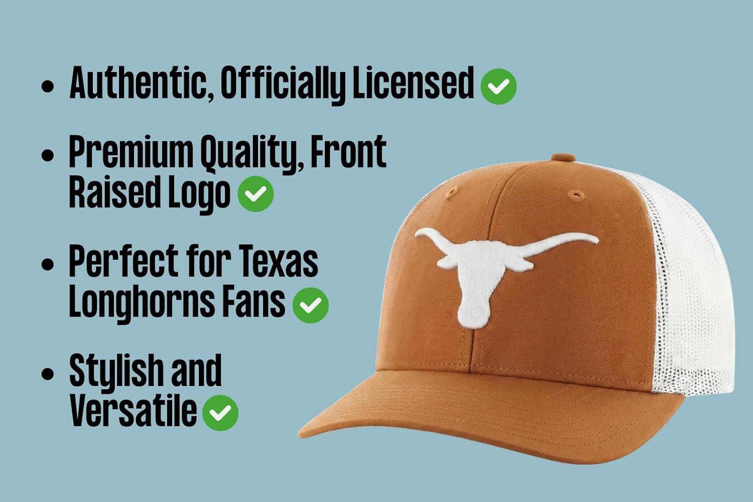 Officially Licensed Texas University Hat Adjustable Structured Mesh Trucker Classic Team Logo Embroidered Cap