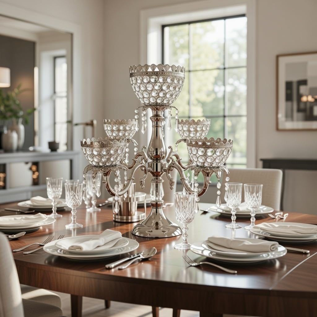 ICE Armor 20" H Ornate Silver Frame with Elevated Crystal Bowl and Faceted Cup Surrounds Candle Holder Elegant Home Décor Accent, Decorative Candle Holder, Warm & Thoughtful Gift Idea