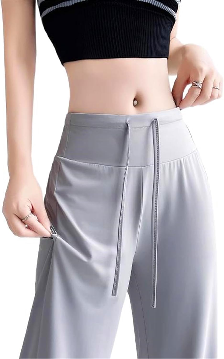 Women's Pants Summer Yellow Ice Silk High-Waisted Wide-Leg Trouser for Women-Light Grey-Large