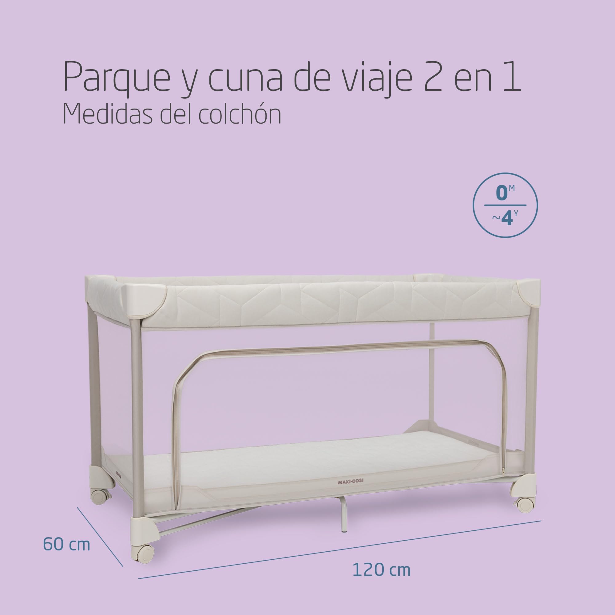 Maxi-Cosi Merlin, Cuna de viaje bebe y área de juegos 2 en 1, 0-4 años, hasta 18 kg, Cuna bebé portátil, Plegado en 1 segundo, Colchón CloudCore 120x60 cm, Ventana lateral, 4 ruedas, Elegance Beige