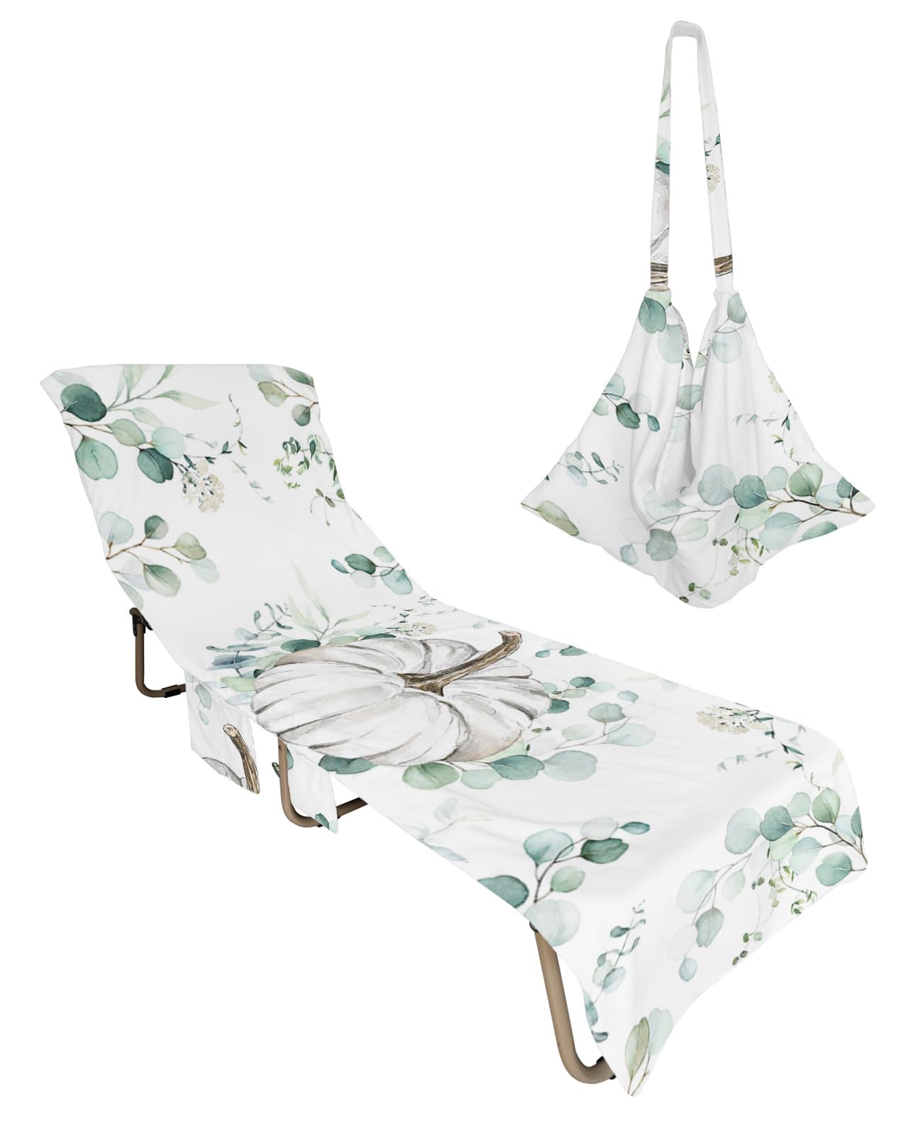 Green Eucalyptus Beach Chair Towel Covers for Chaise Lounge with Side Pocket, Soft Plush Pool Towels Cover for Patio Sunbathing Outdoor 29''x85'' Autumn Thanksgiving Fall White Pumpkins