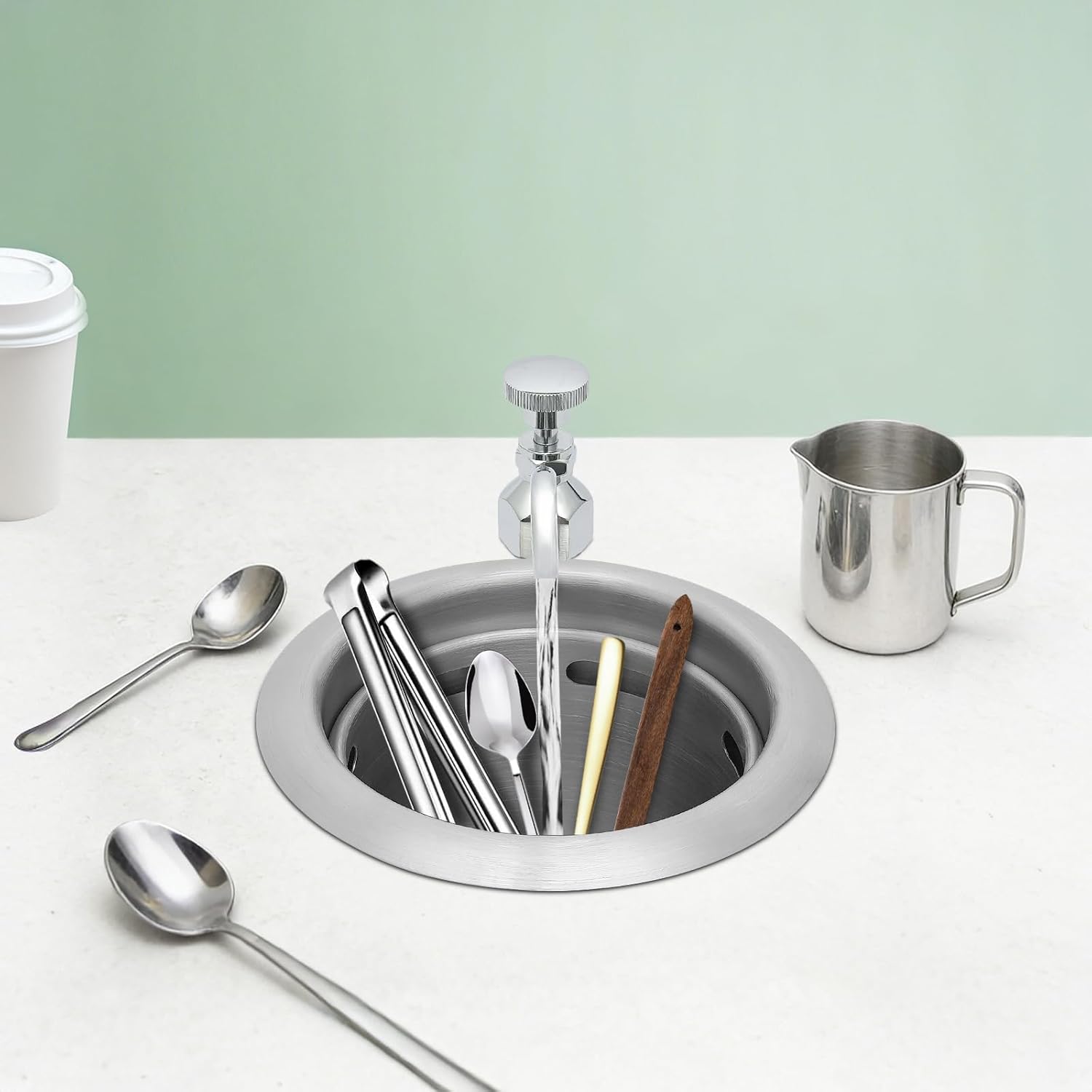 Dipper Well Faucet & Bowl Set, 304 Stainless Steel Coffee Shop Bar Counter Washing Tool, Commercial Food Washing Tool for Ice Cream Coffee Spoons (Deepened Version