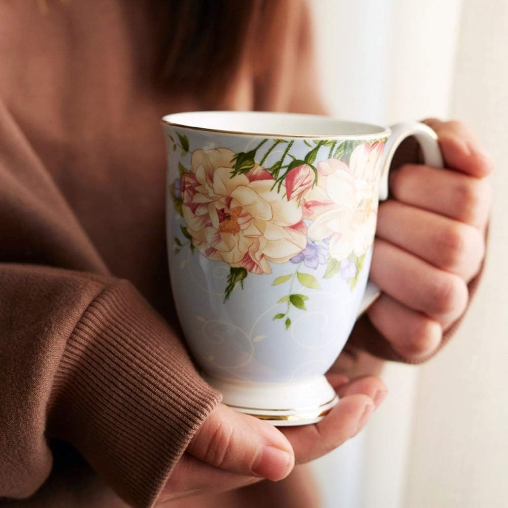 Juego de 4 tazas de café, diseño floral, tazas de té de huesos grandes, tazas de té de 300 ml con asa para capuchino, café, té, leche, oficina, regalo (B)