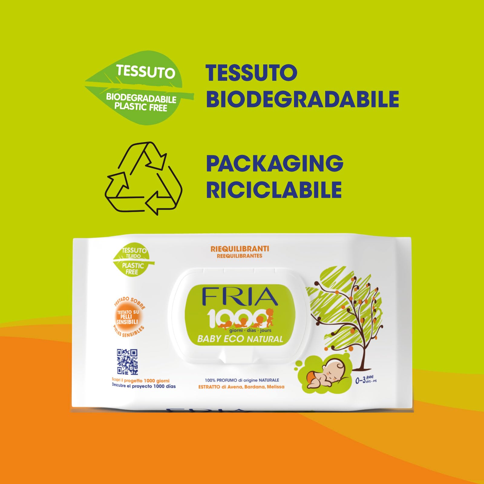 Fria Baby Eco Natural Salviette per Cambio Pannolino 1000 Giorni, Confezione 72 Salviette